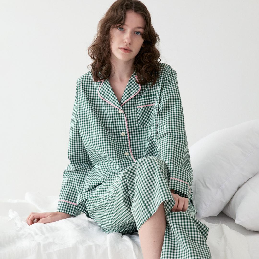 그린 체크 커플 여성 잠옷 세트 홈웨어 신혼부부 파자마