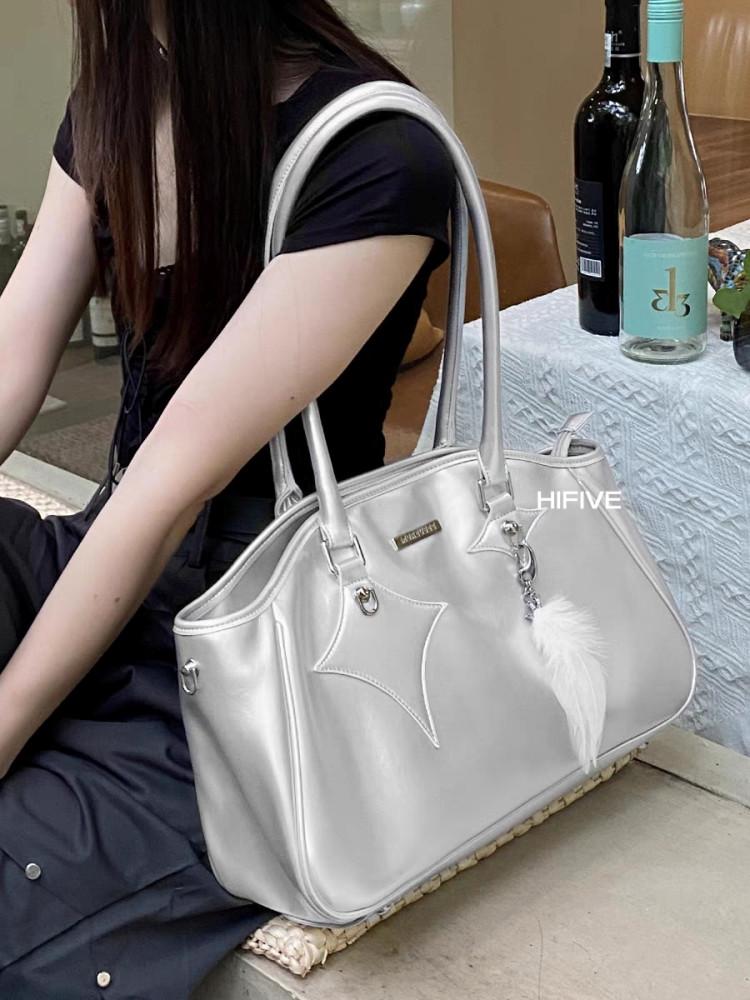 MOREUSEE 실버 Y2K 대용량 데님 방수 숄더백 가방