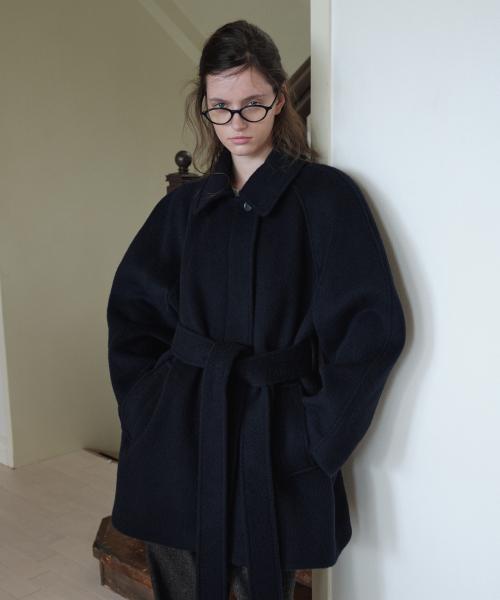 VOLUME SLEEVE WOOL HALF COAT_NAVY
