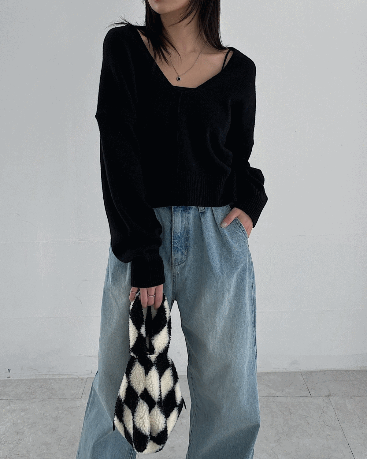 crop V neck knit 2color