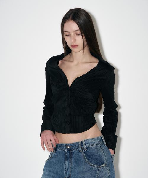 Chloe V Shirt Top (long ver.) (Black/Stripe)