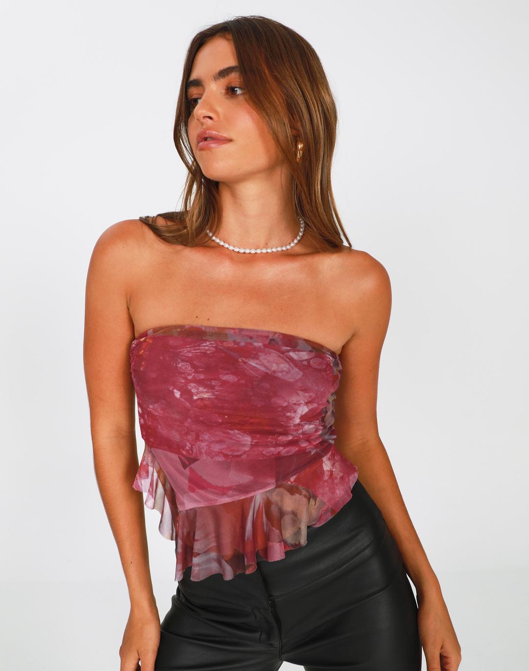 Recycled Asymmetric Ruffle Hem Strapless Top