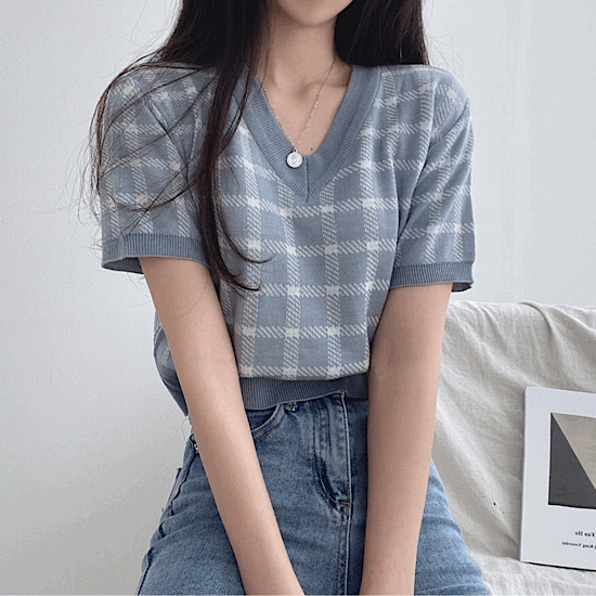 블러썸 체크 크롭 반팔니트 6color