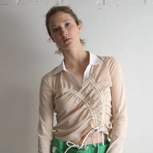 Cotton Tulle Shirring Shirt - Ecru