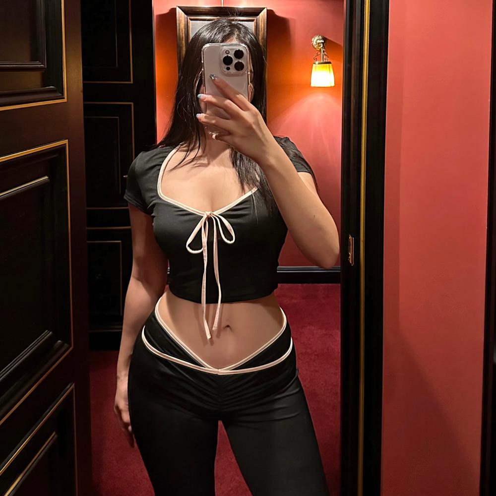 1076 섹시한 발레코어 리본 장식 트레이닝 세트 셋업 - M,L