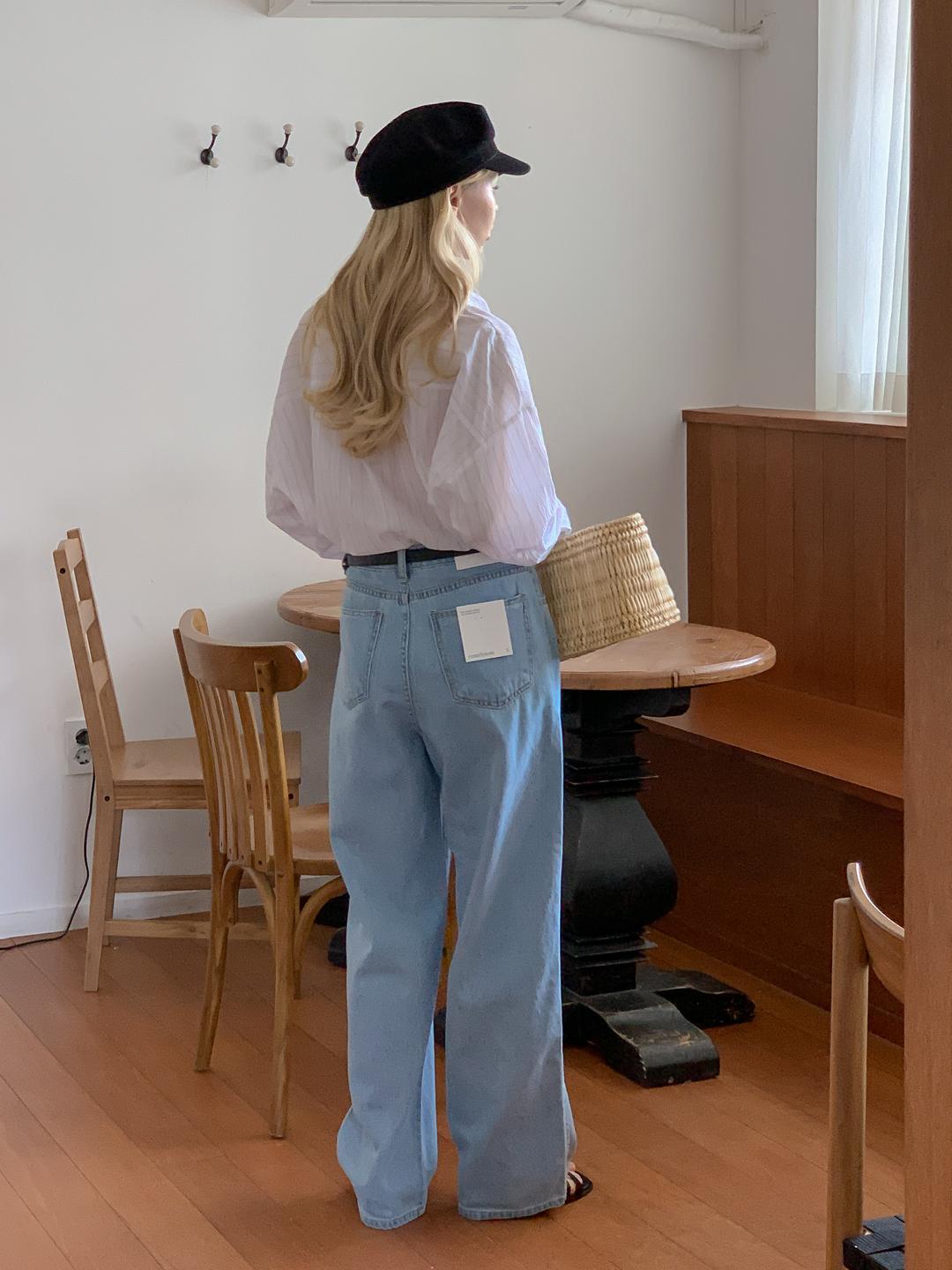 커믈리진 후들 세미 와이드 연청 청바지