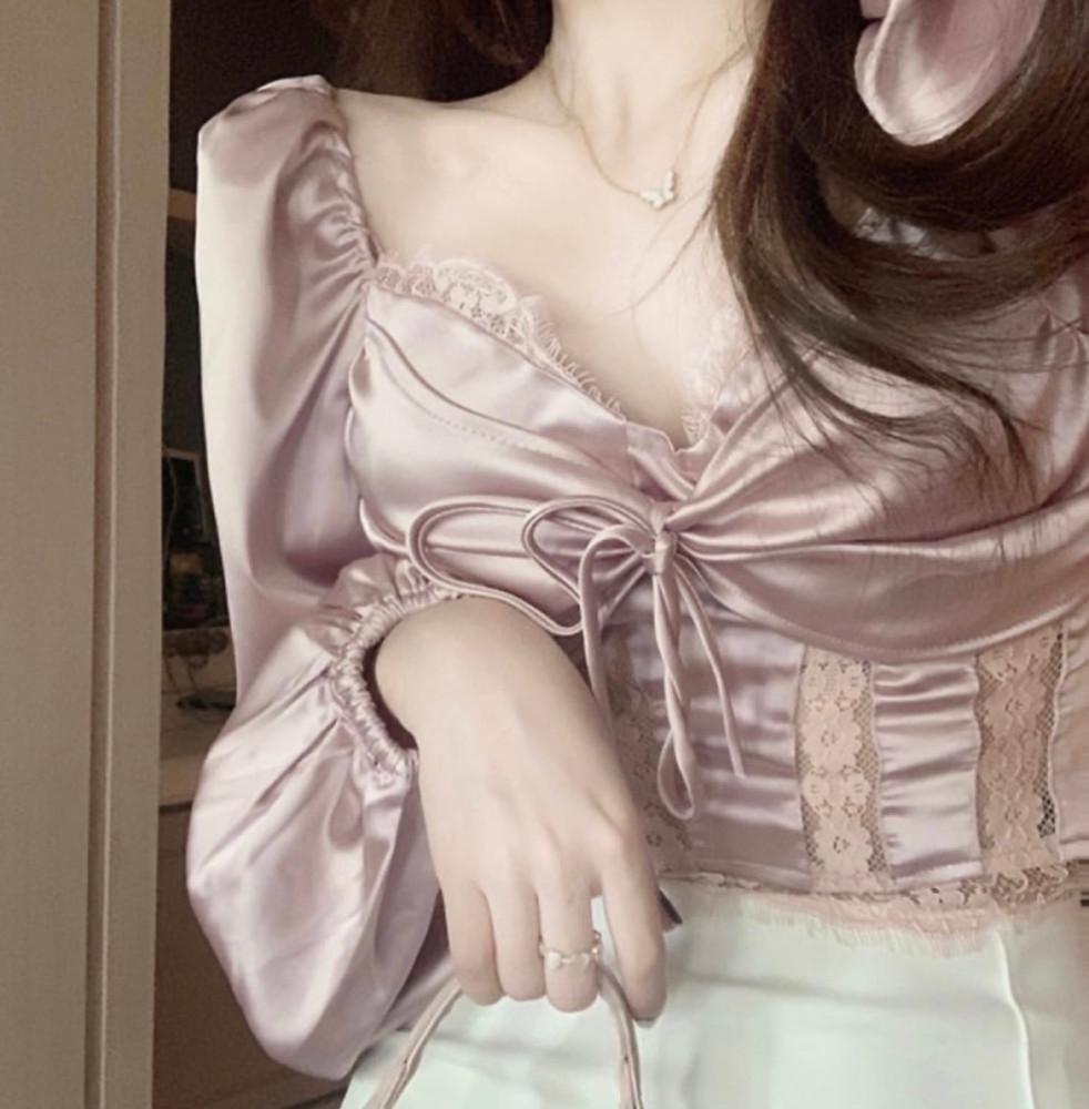 인디핑크 레이스 리본 셔링 밴딩 새틴 블라우스 (당일발송)