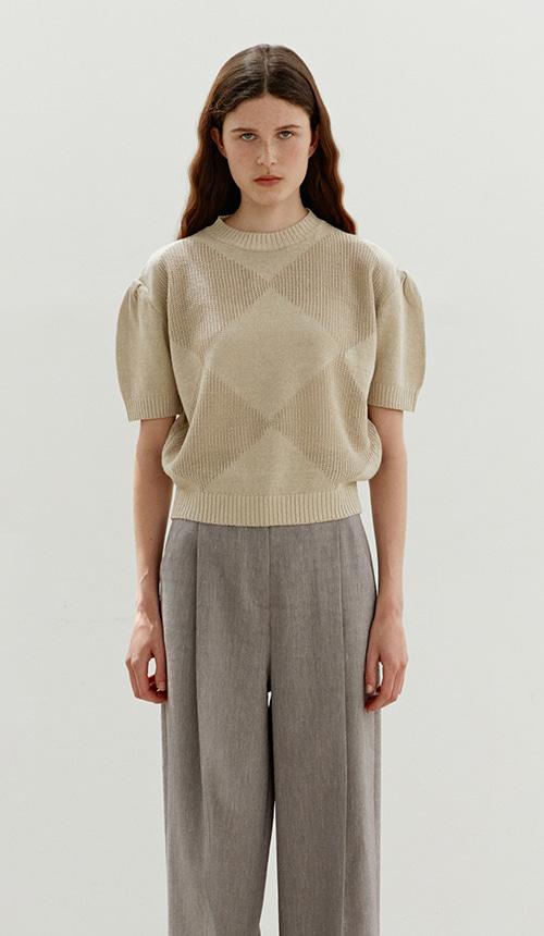 TWR ARGYLE PUFF KNIT TOP BEIGE
