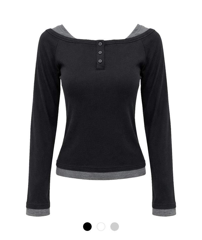 모아 버튼 레이어드 티셔츠