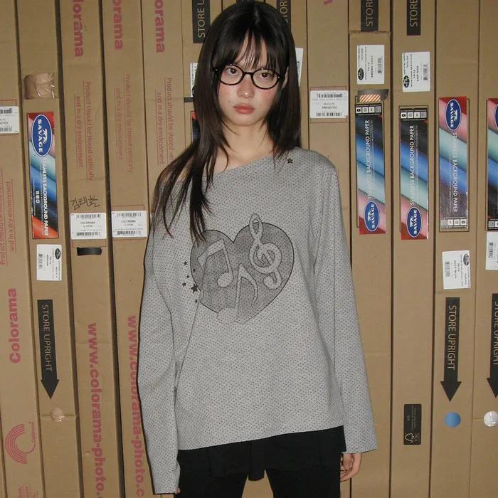 HEART MELODY OFF SHOULDER LONG SLEEVE GREY DOT