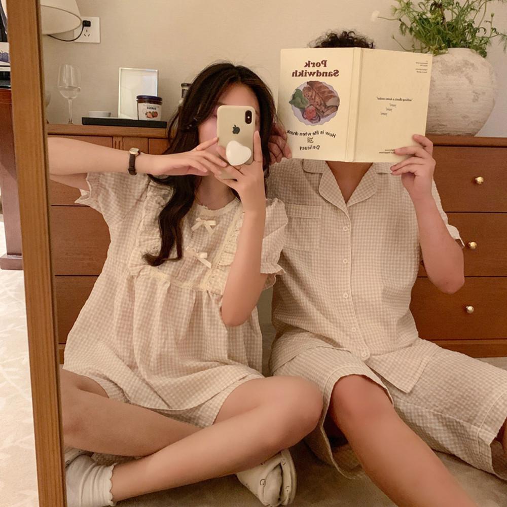[커플잠옷] 반팔 러블리 체크 지지미 커플 파자마 세트 - 베이지
