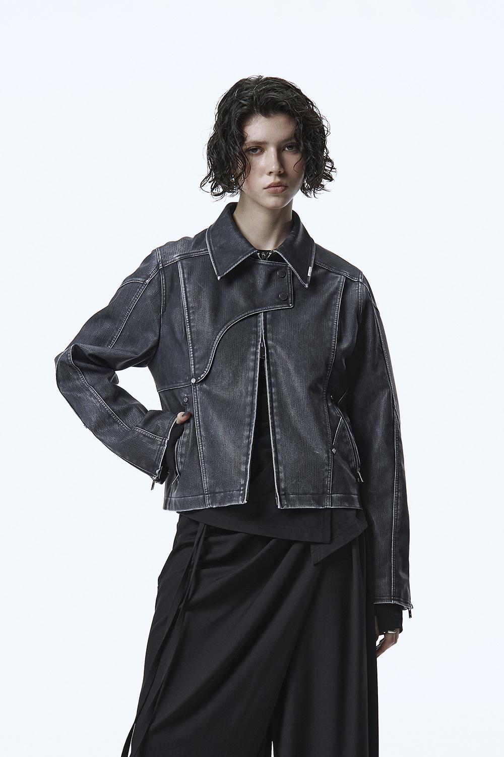 Vintage Washed Leather Jacket [ Navy ]