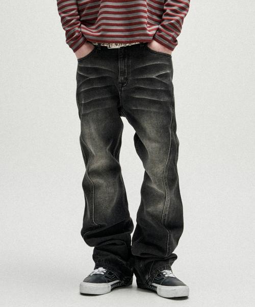 Warped Seam Flare Fit Denim Pants - Black