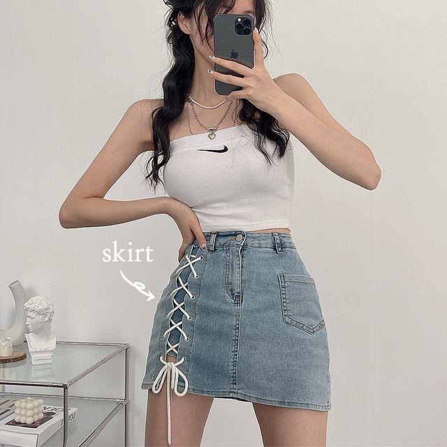 스판/속바지ok, 코르셋 리본 끈 청 미니 스커트 2color_디데이뉴