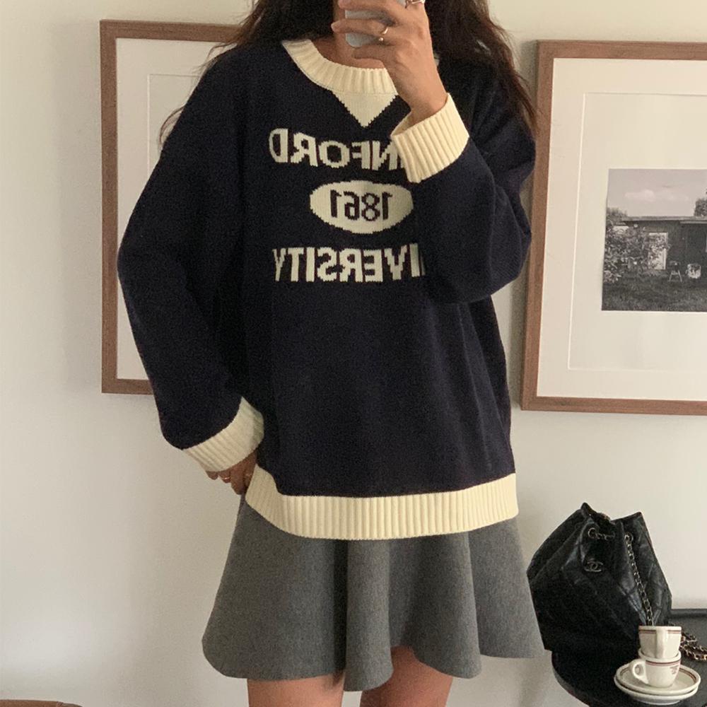 여성 여자 가을 네이비 레터링 라운드 긴팔 오버핏 니트