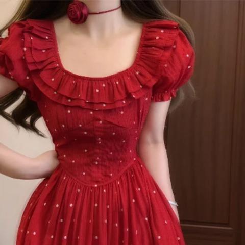 여성스러운 프릴넥 여름원피스 레트릿도트원피스