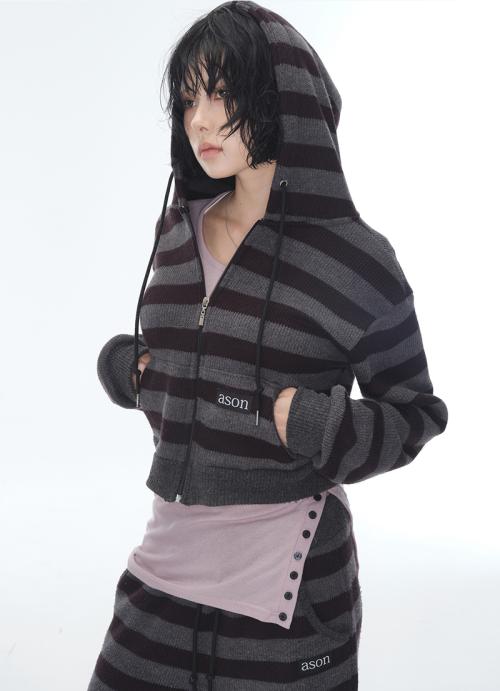 COSY STRIPE HOOD ZIP-UP / CHARCOAL