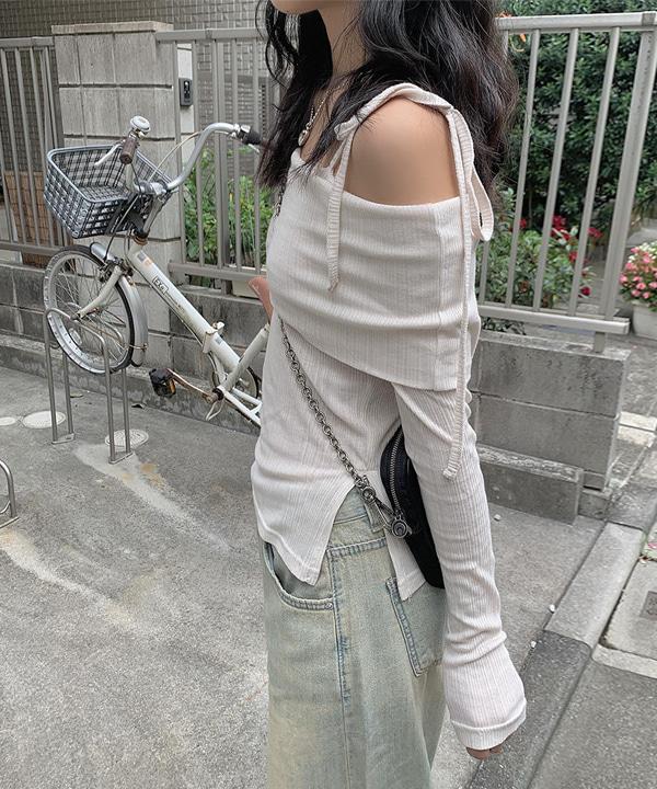 나기 스트랩 오프숄더 티셔츠 (2color)