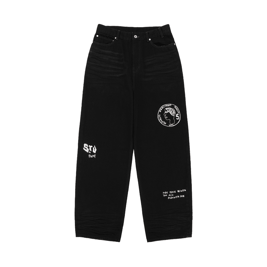 STU X HANK Embroidery Denim Pants Black