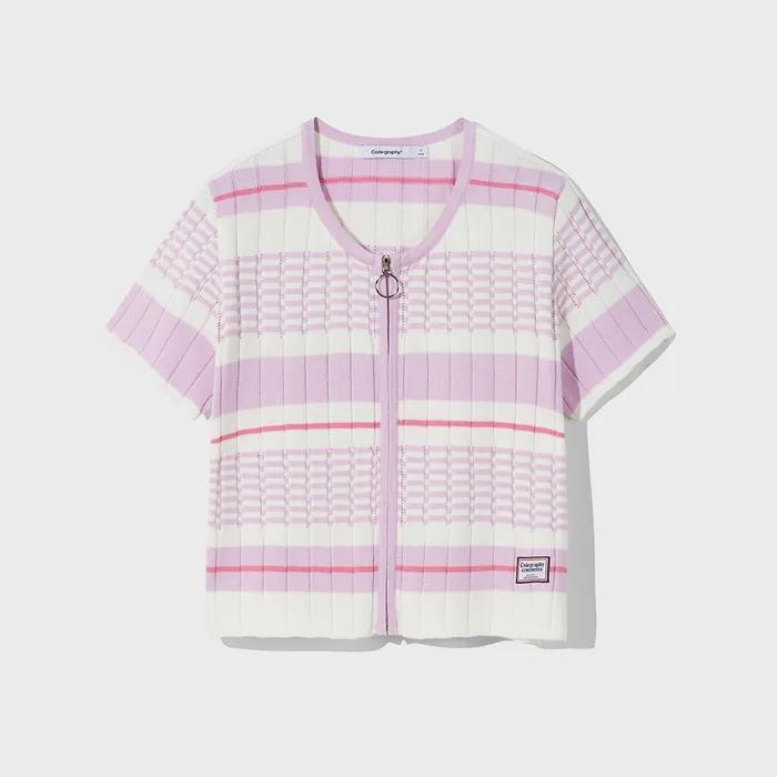 (우먼) 포인트 라벨 스트라이프 크롭 여름 가디건_라벤더