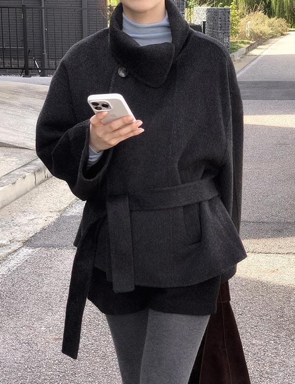 [Wool100] High-neck Belted Wool Short Jacket