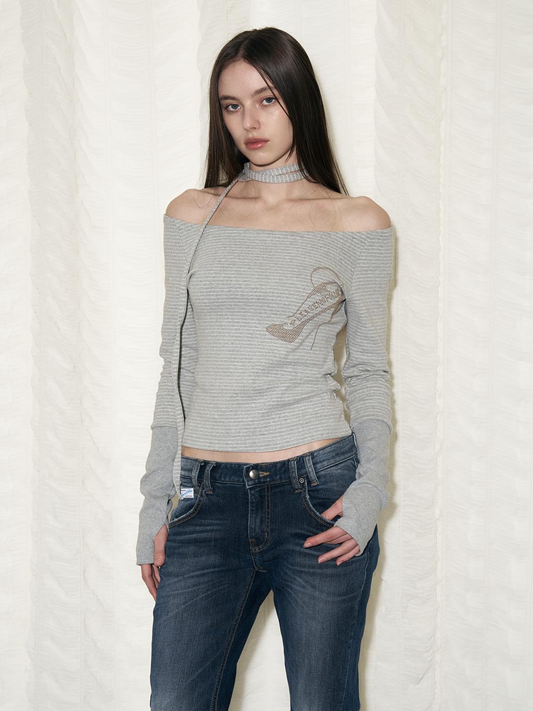 Clara Kill Hill Long Sleeve Top(Scarf Set) (Melange Grey)