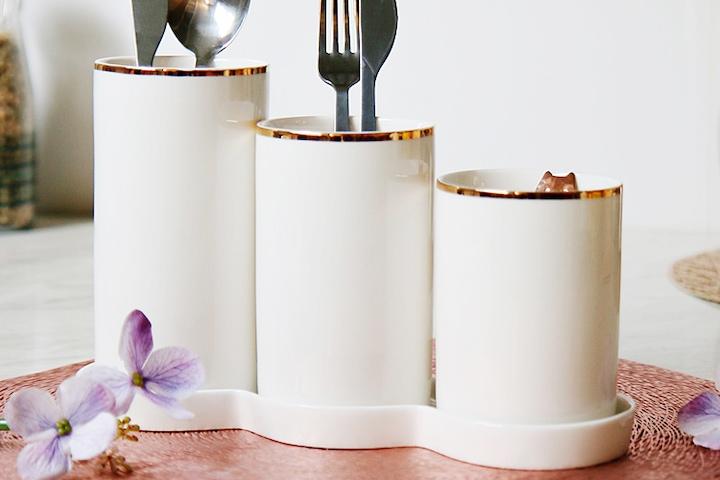 물빠짐 리시안 골드라인 3구 수저통 세트 도자기수저통