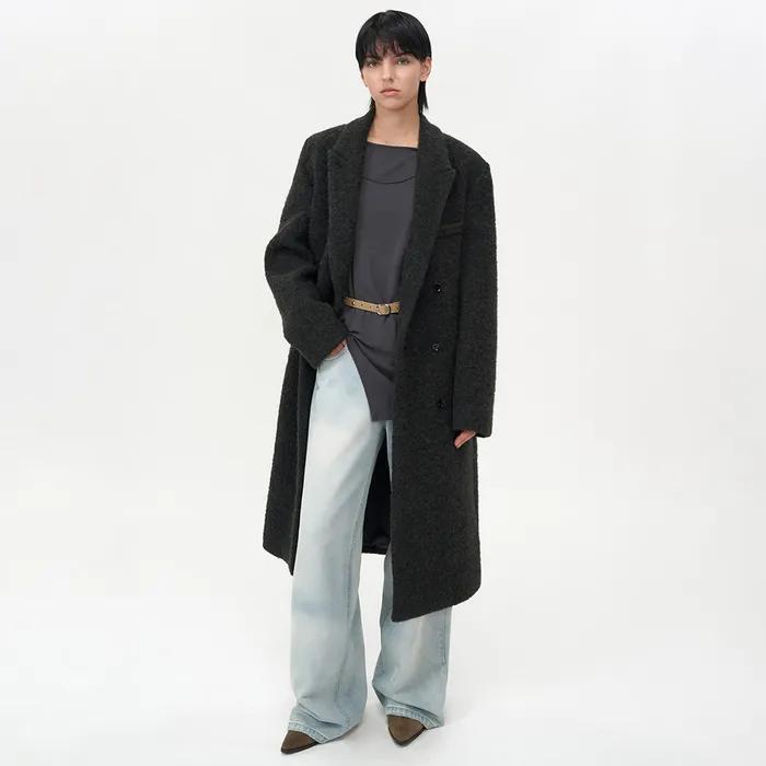 부클 알파카 헤어 더블 코트 BLACK