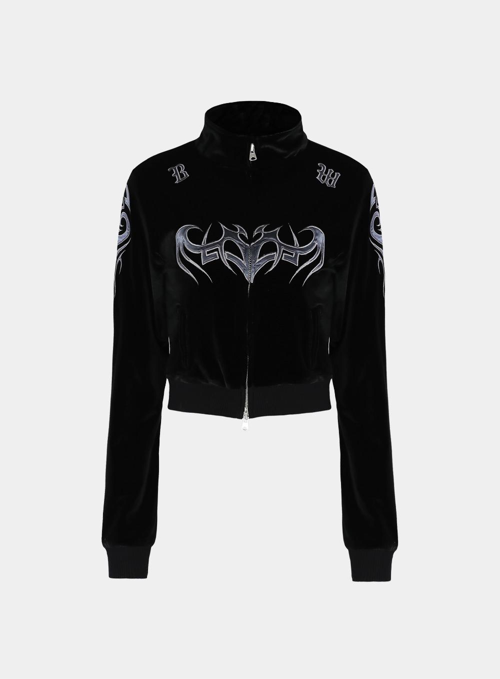 [w-jkt22-038] 트라이벌 로고 벨벳 집업 - 블랙