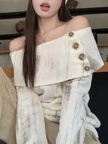 허슬 오프숄더 배색 버튼 타이다이 여리 페미닌 유니크 긴팔 니트 티셔츠