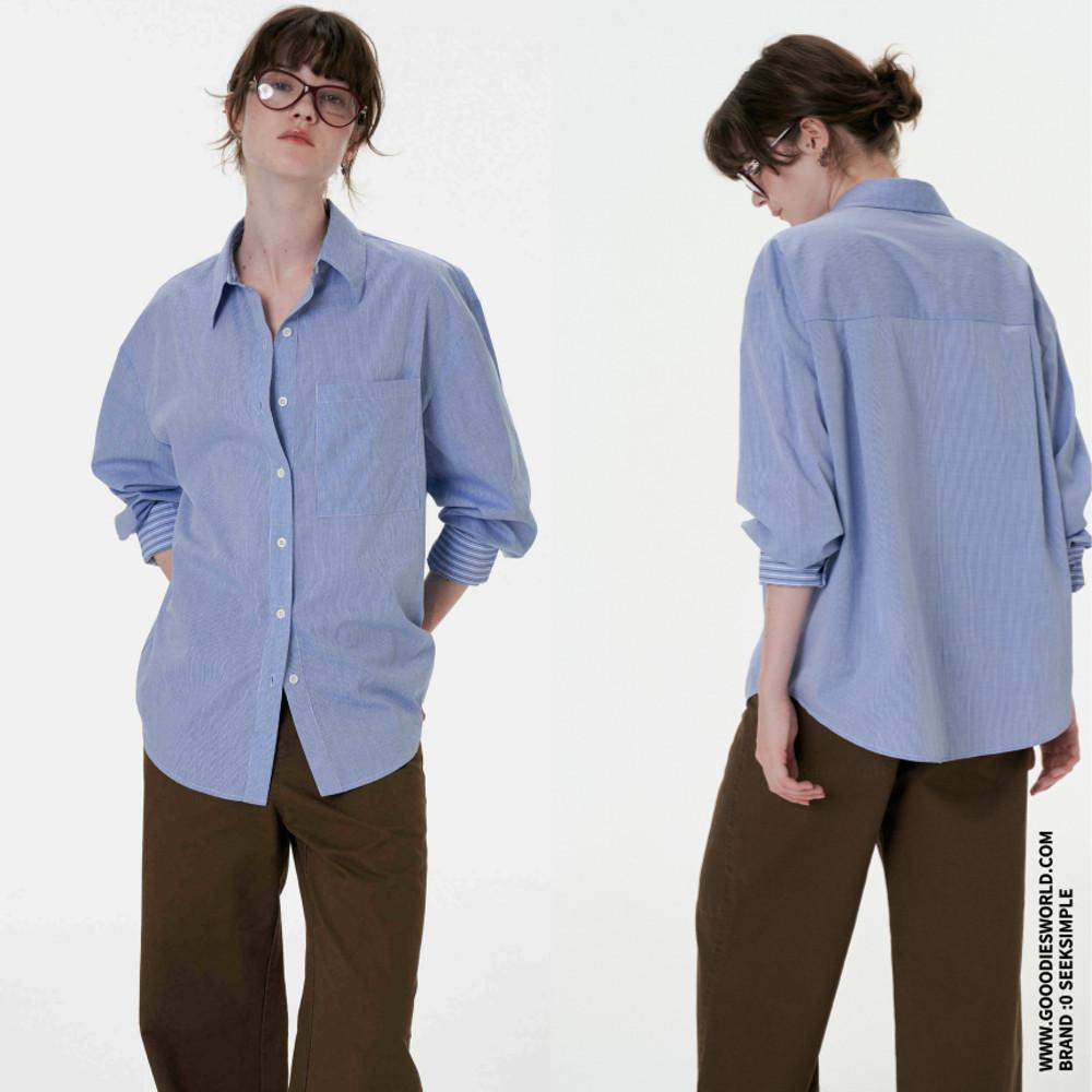 SEEKSIMPLE 셔츠 블루 스트라이프 루즈핏 카라넥 베이직 셔츠