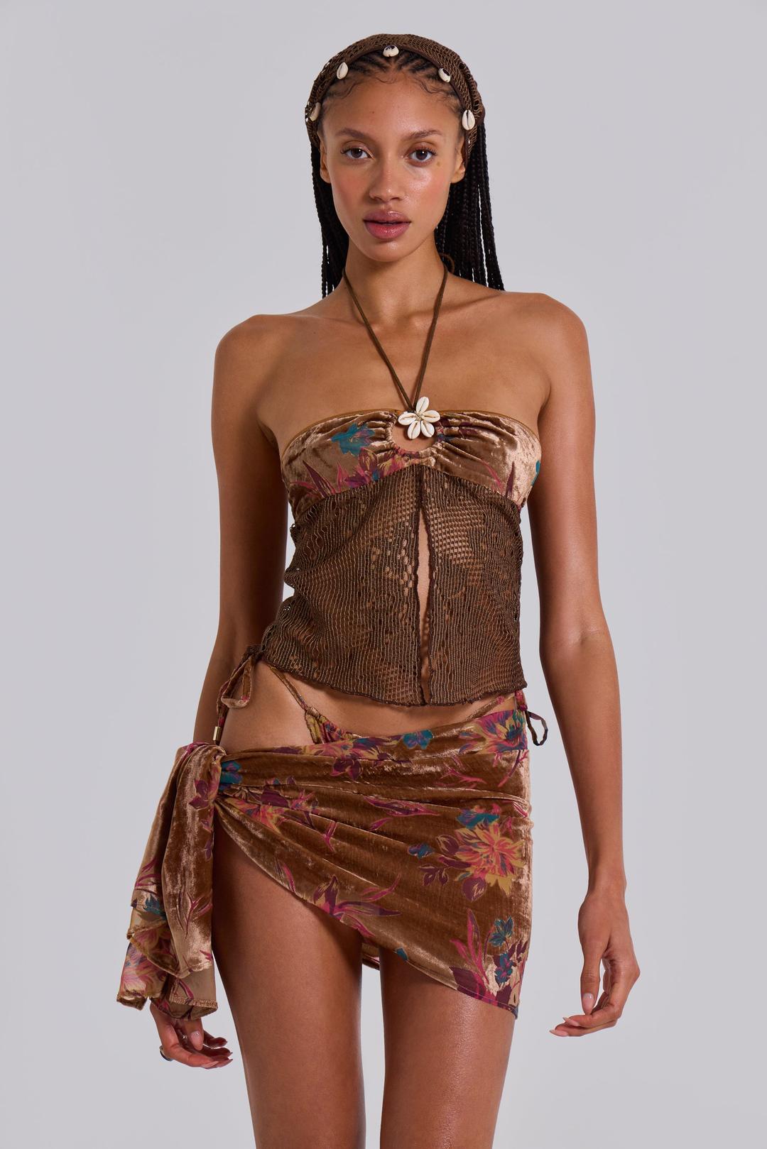 Eliana Devore Crochet Bandeau Top in Cedar - UK 4 / Brown