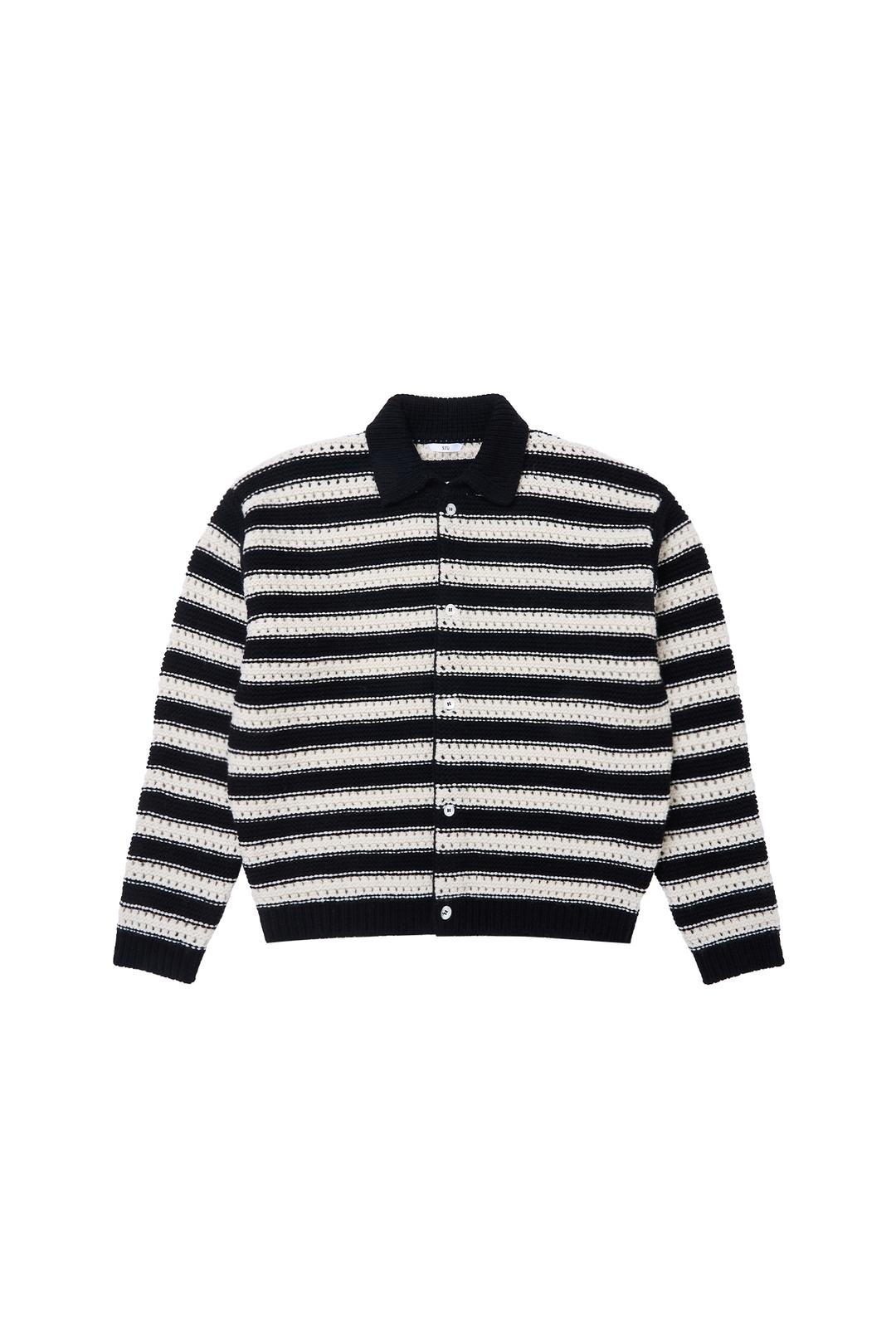 Wool Collar Stripe Cardigan Black