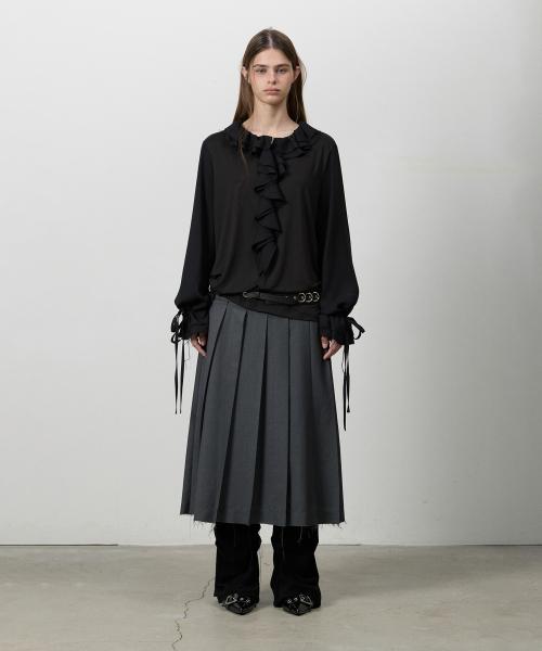 CUT HEM BELT PLEATS SKIRT CHARCOAL