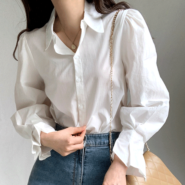 [면100%] 소매핀턱 셔링 블라우스 셔츠