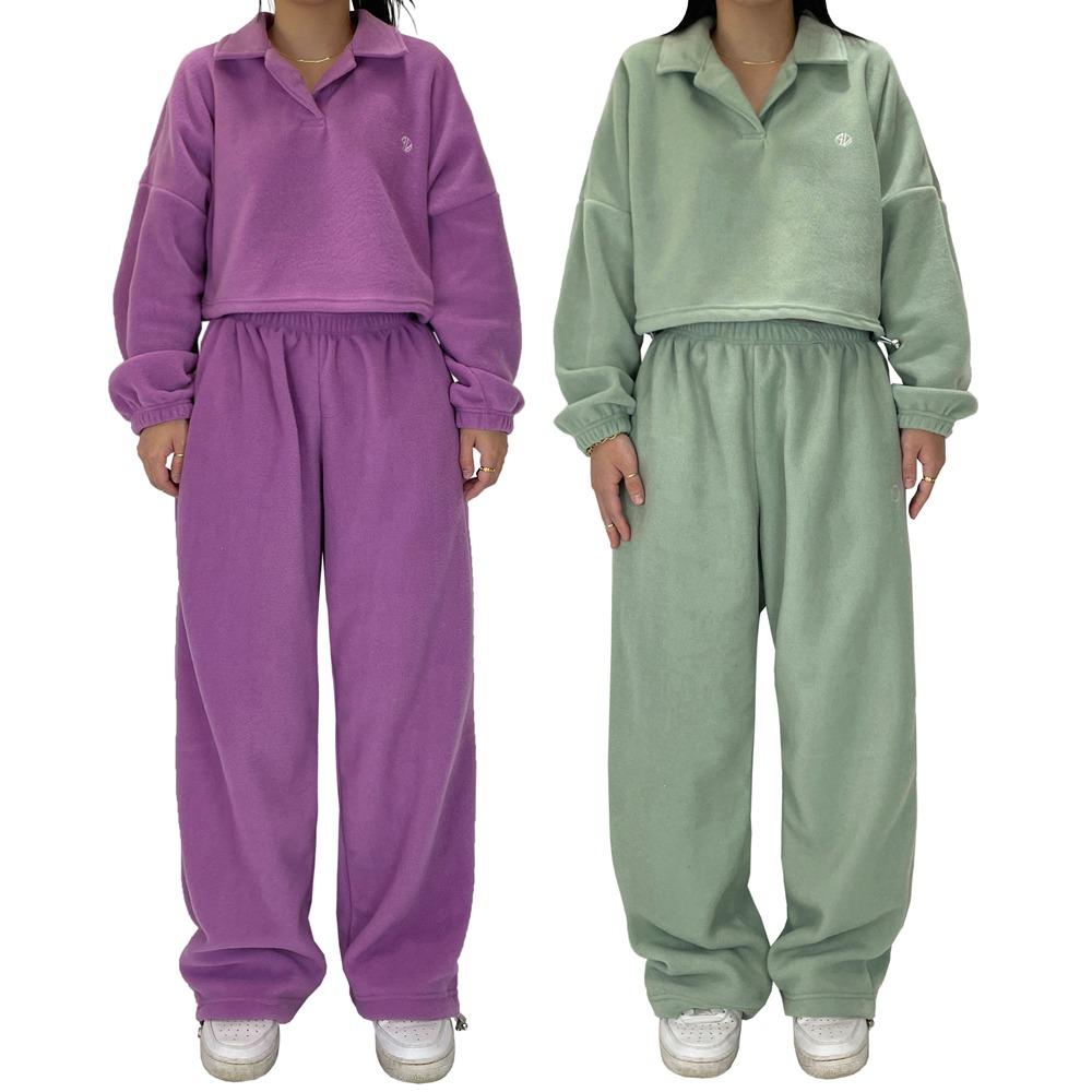 6컬러 후리스 크롭 카라 맨투맨 스트링 와이드 조거 트레이닝 세트