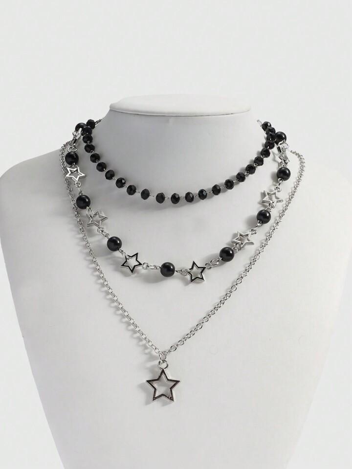Goth 3pcs Fall Gothic Y2K Style Star Beaded Pendant Necklace, Suitable For Daily, Festival, Party, School, Commuting Wear, Exquisite Holiday Gift For Teenage Girls, Halloween
