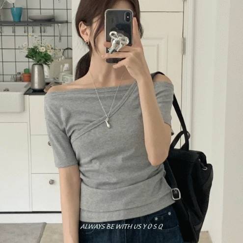 레이어드 셔링 오프숄더 반팔 티셔츠 T