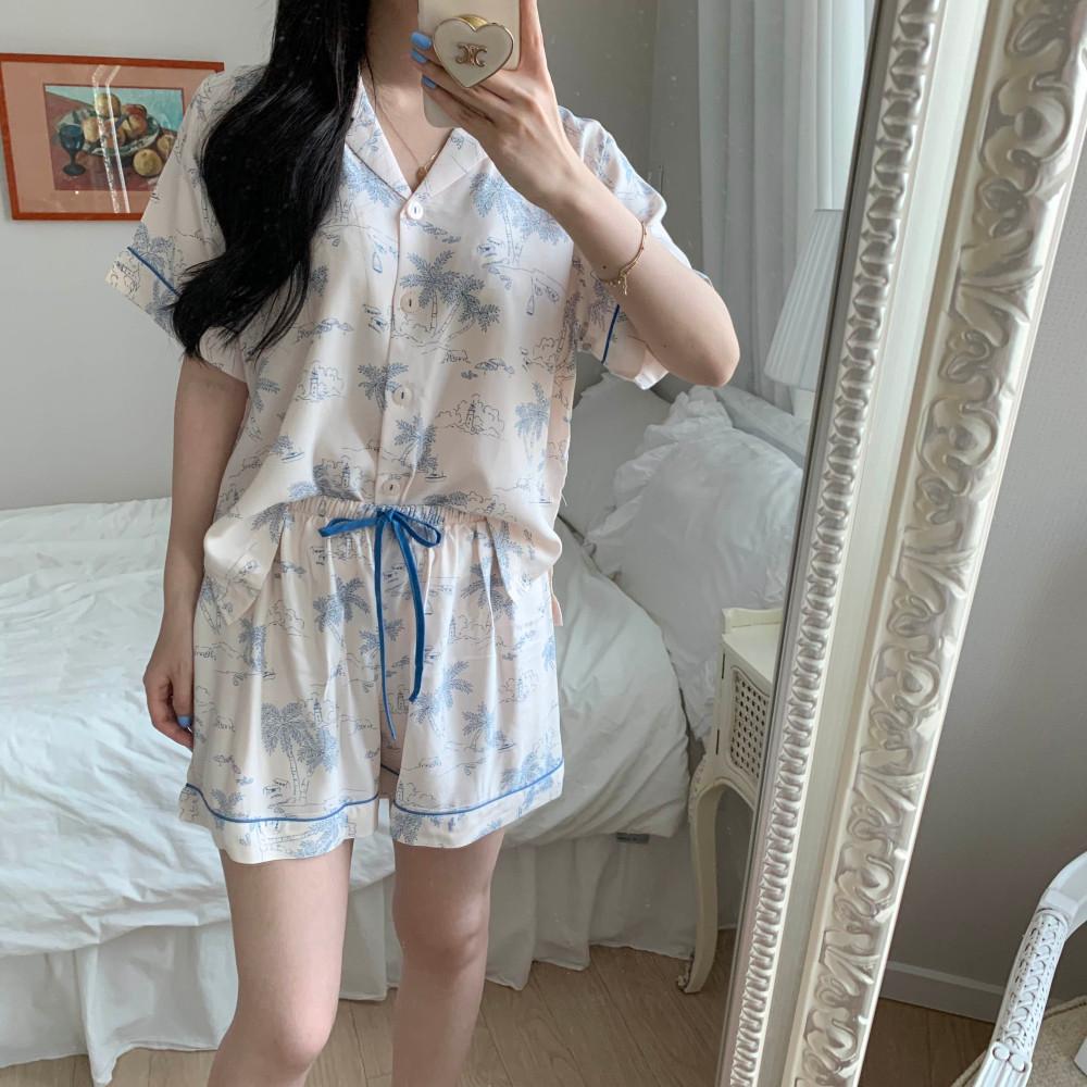 SALE 인견100 블루 반팔 투피스 여성 잠옷 세트 [로데뜨]
