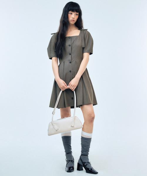 스퀘어 네크 리본 드레스_브라운