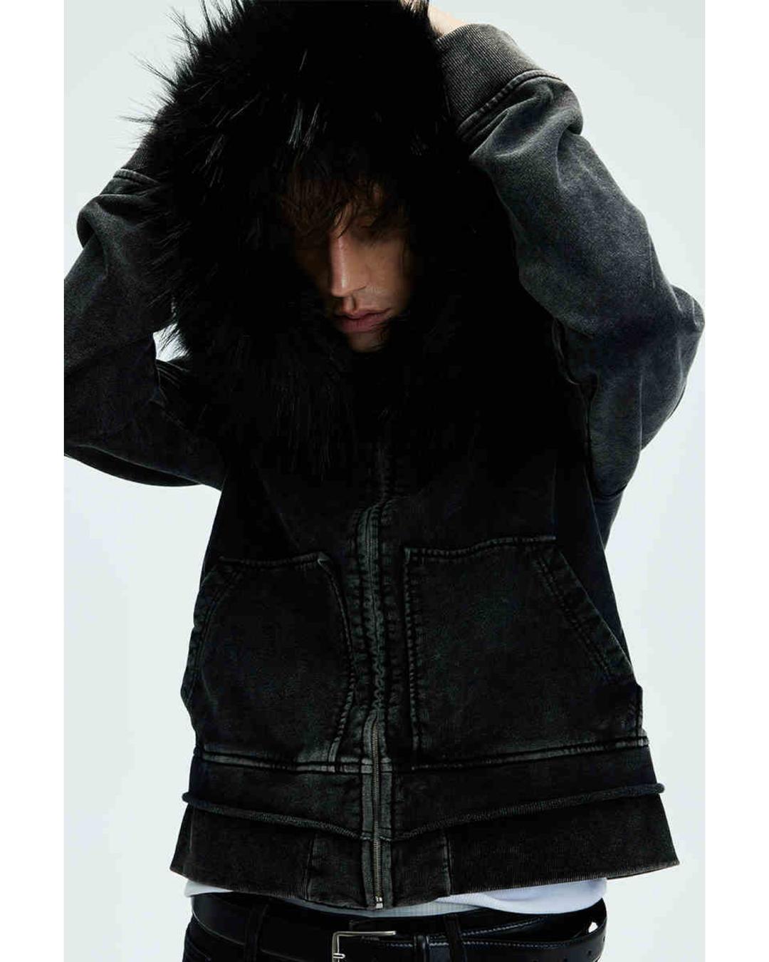 WHISTLEHUNTER 탈부착 퍼 카라 슬림 워싱 올드지퍼 후드 스웻셔츠 자켓