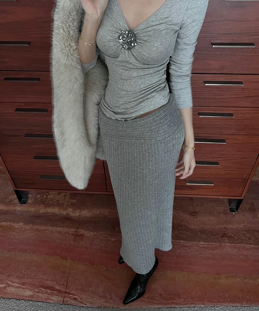 모어라벨 [가을신상/로우웨스트/슬림] 폴딩 골지 롱 맥시 니트 스커트