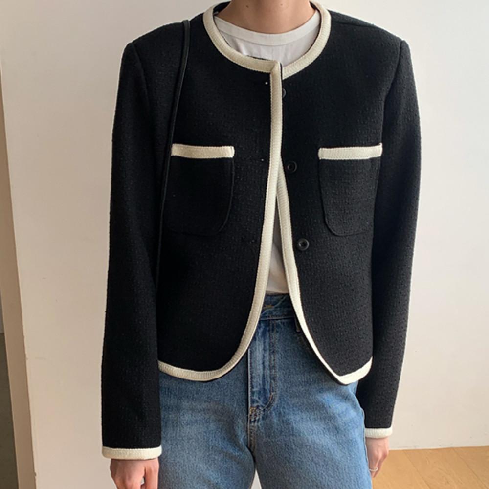 봄 트위드 라운드넥 숏 라인 배색 자켓 하객룩