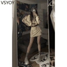 vsyoy 3 피스 정장/싱글 피스 이른 가을 달콤하고 매운 바람 짧은 야구 정장 코트 여성 조끼 하이 허리 스커트