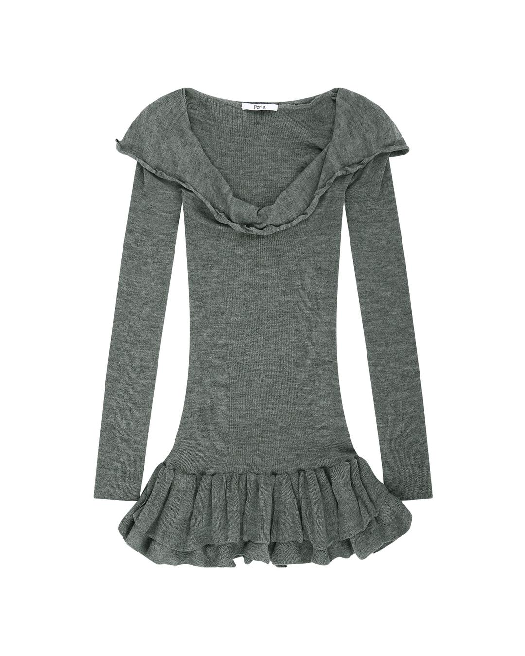 OFF-SHOULDER HOODED KNIT MINI DRESS, GREY