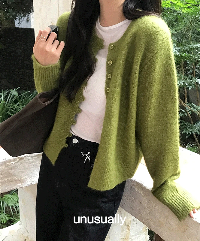 [⛄겨울신상]  언유즈얼리 세이지 헤어리 울 가디건 (6color)/라운드넥/니트가디건/레이어드/콩단추/데이트룩