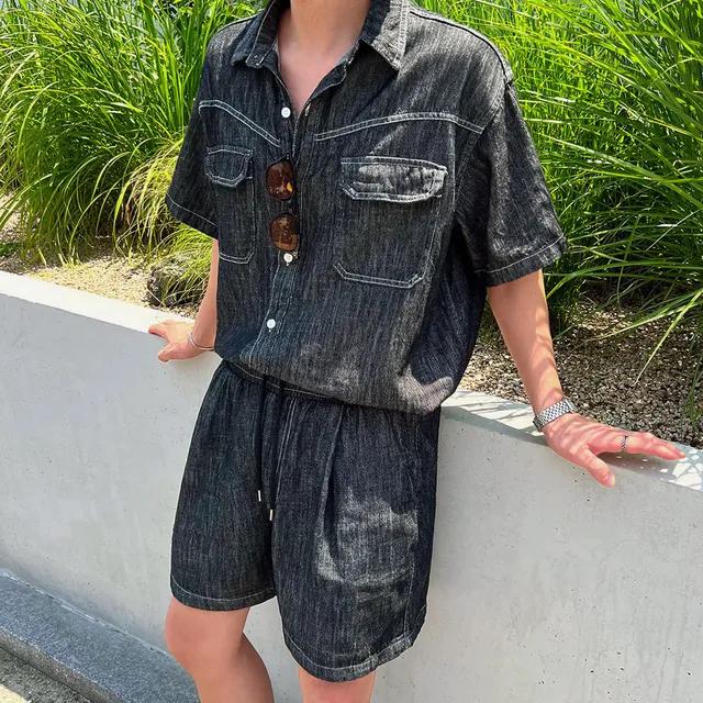 [SET]여름 이거하나면돼 린넨 생지 투포켓 반팔 셔츠 + 밴딩 반바지 셋업 세트 (상의+하의)