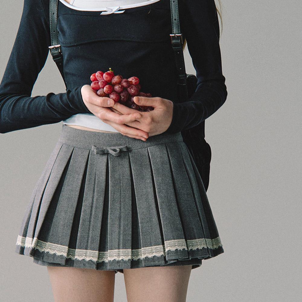 OAKMOO 오크무 그레이 플리츠 스커트 로우웨이스트 슬림 레이스 주름치마