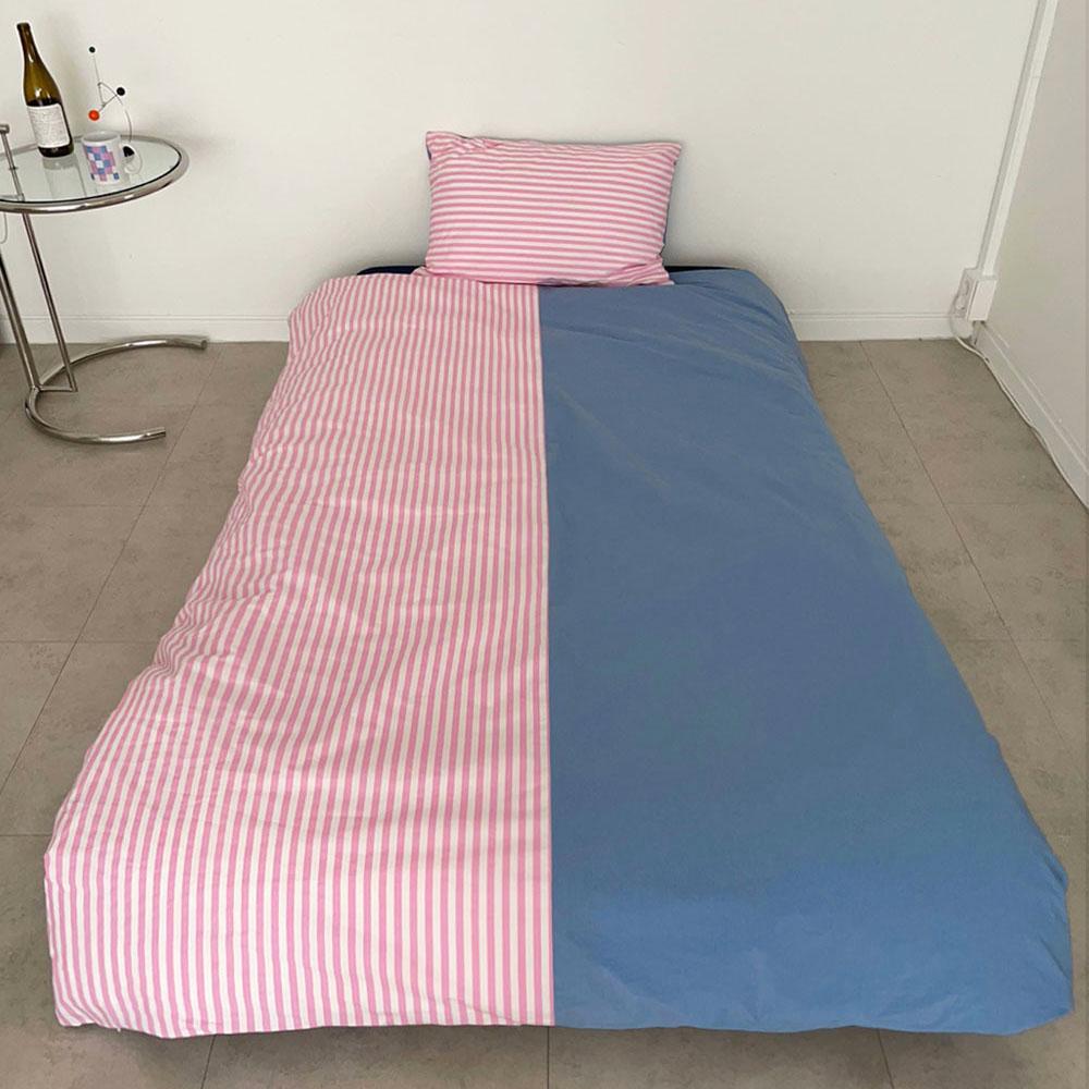 half stripe bedding cover set - pink sky blue