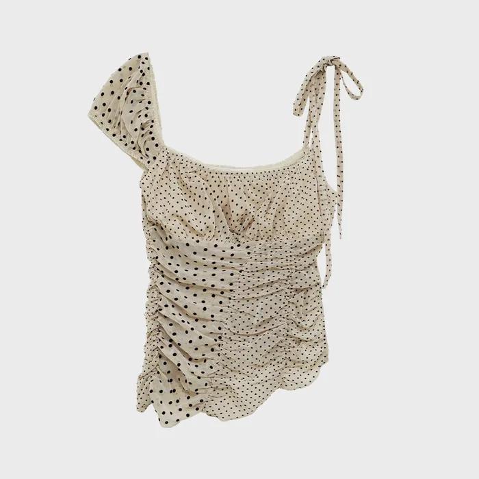 Unbalnace Dot Shirring Top (Beige)